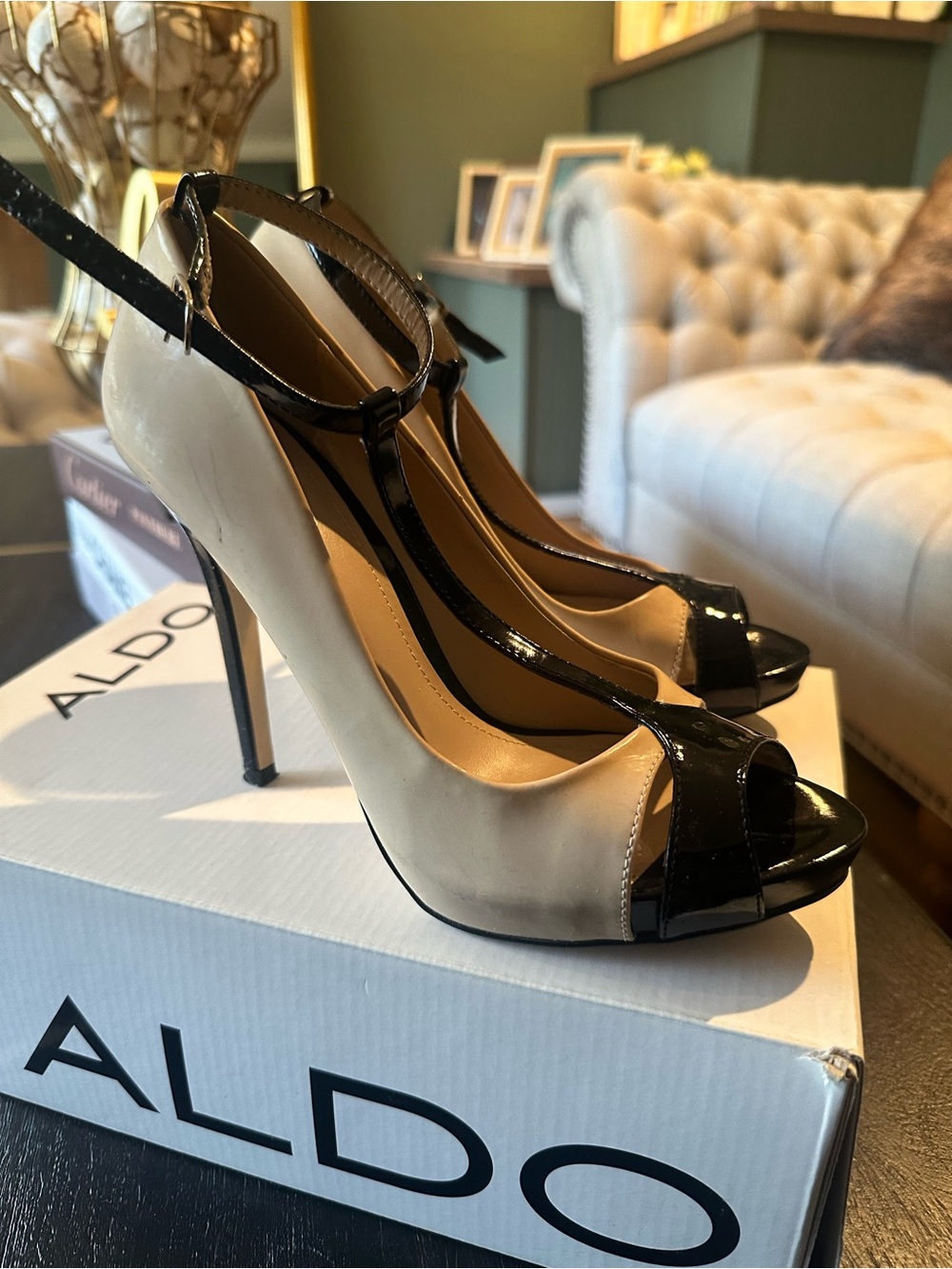 Aldo Neutral Beige and Black T-Strap Peep-Toe Stilettos